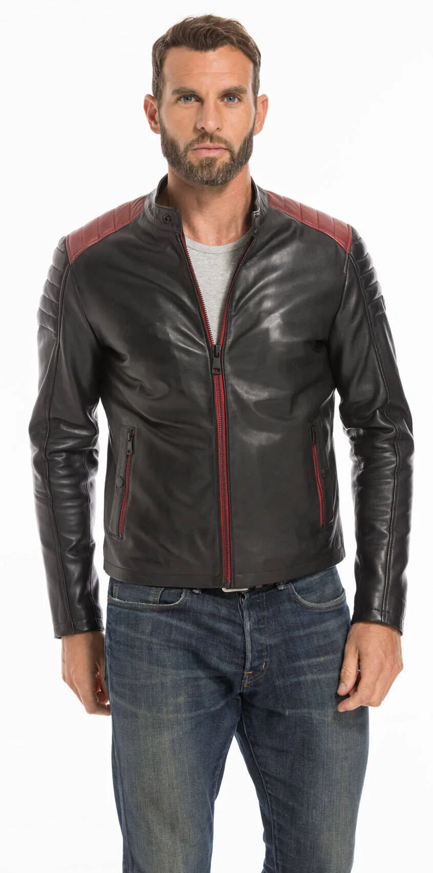 Men's black/red dilecta stoner biker style leather jacket