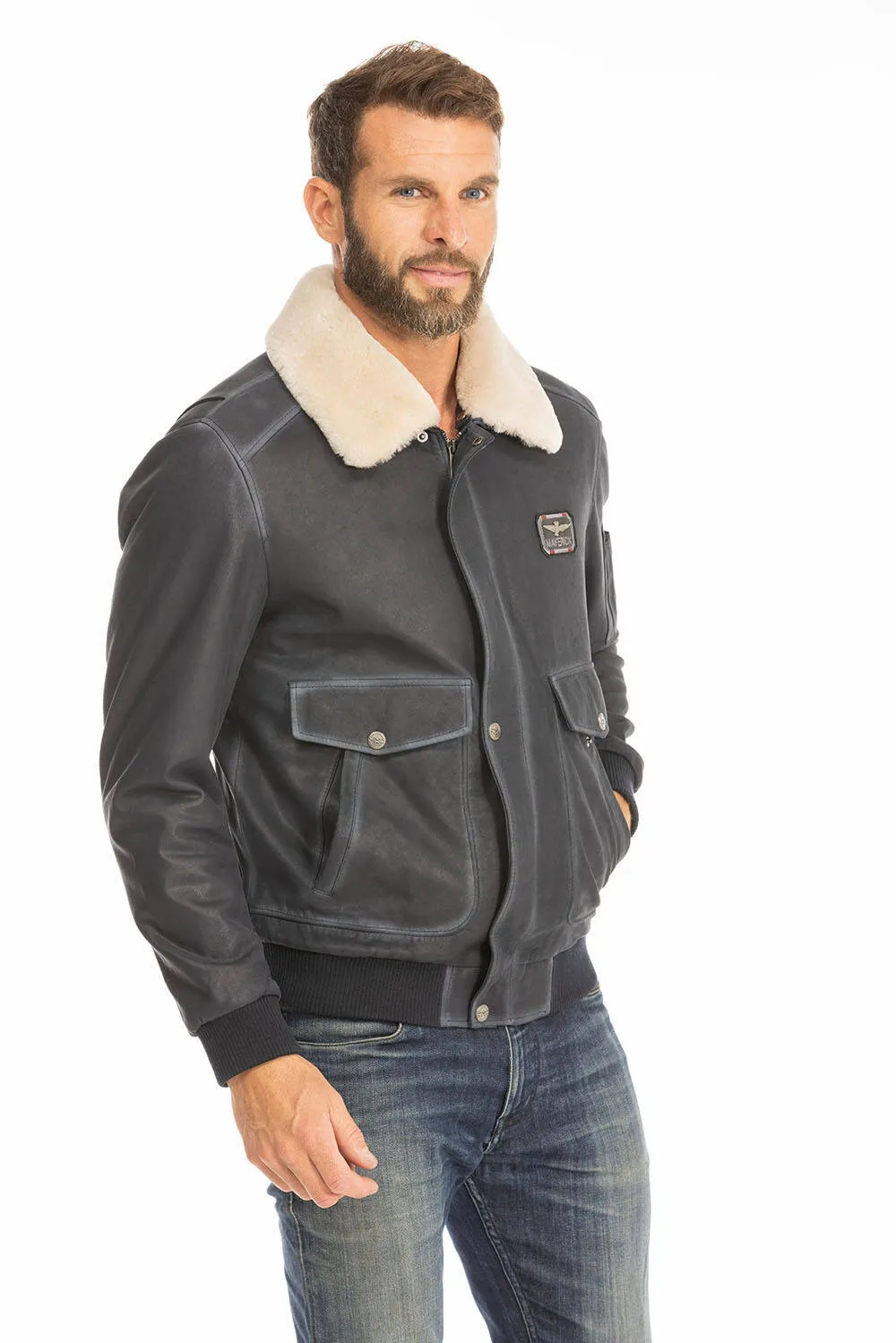 Men's blue leather jacket in classic pilot style ek72