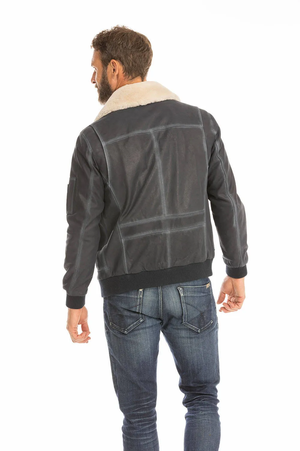 Men's blue leather jacket in classic pilot style ek72