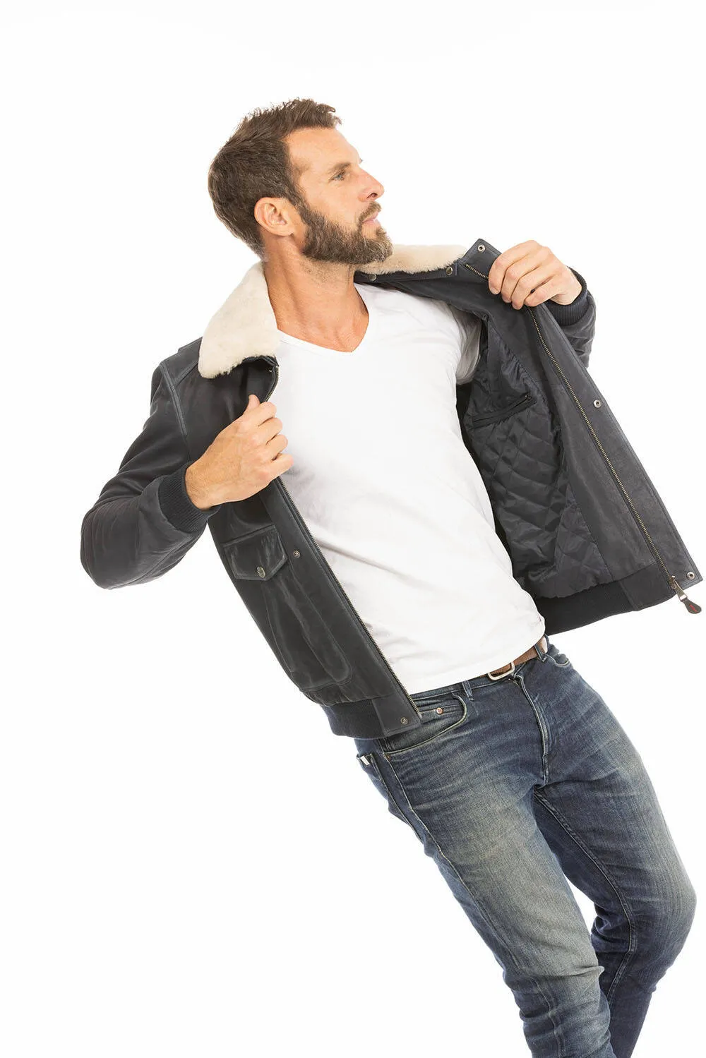 Men's blue leather jacket in classic pilot style ek72