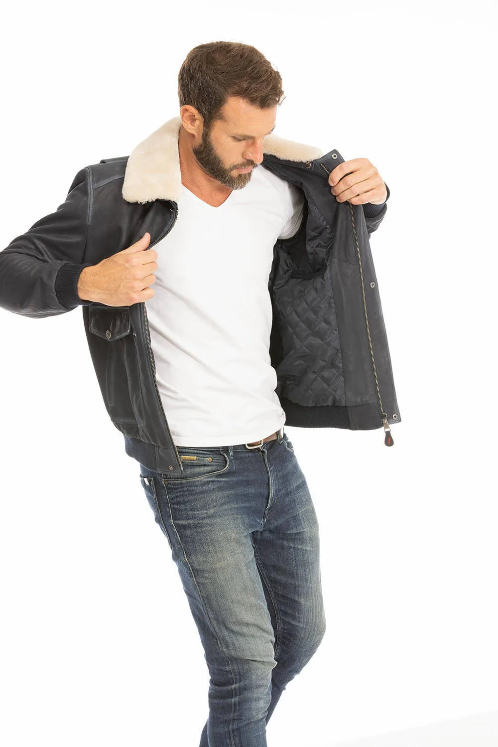 Men's blue leather jacket in classic pilot style ek72