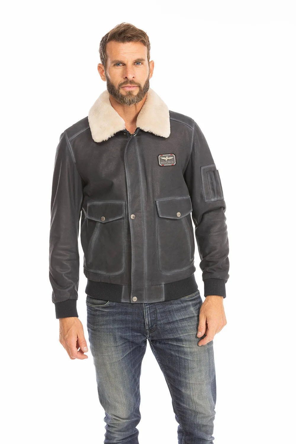 Men's blue leather jacket in classic pilot style ek72