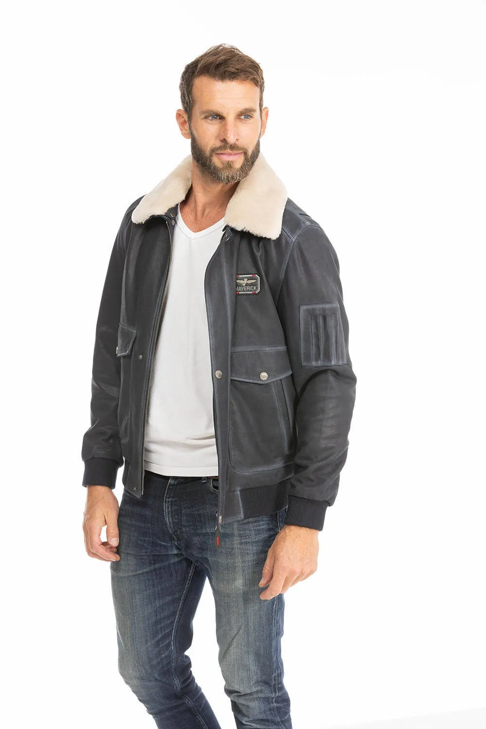 Men's blue leather jacket in classic pilot style ek72