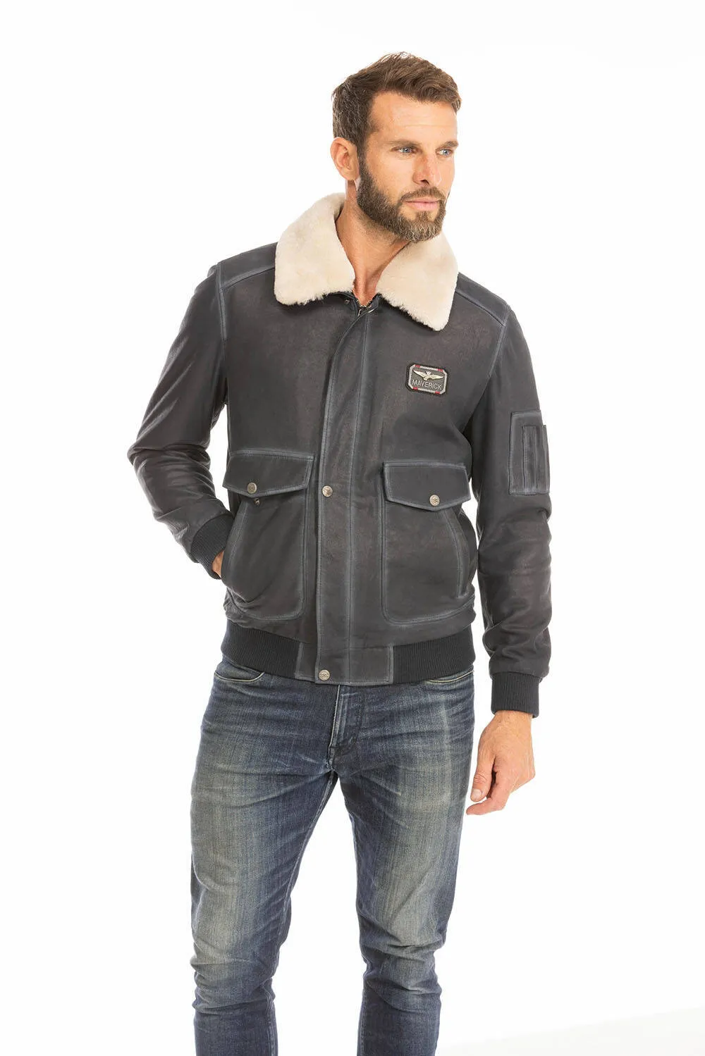 Men's blue leather jacket in classic pilot style ek72