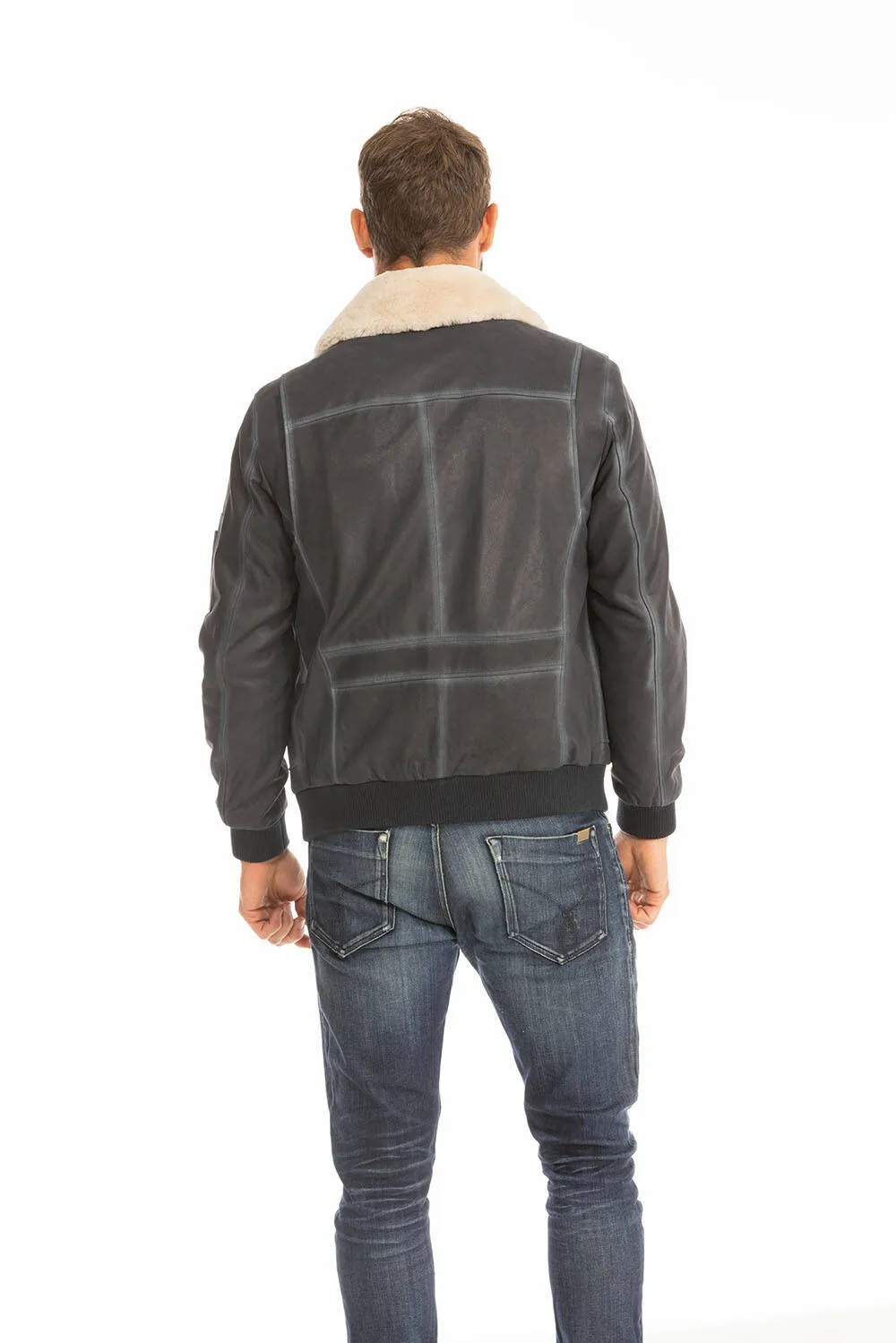 Men's blue leather jacket in classic pilot style ek72