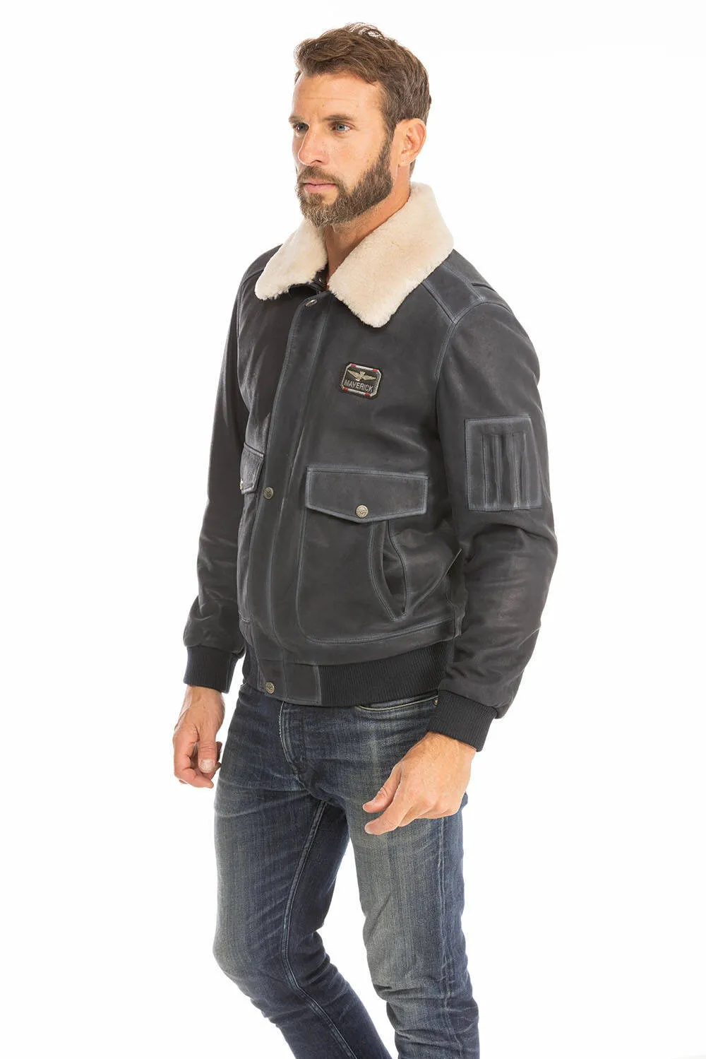 Men's blue leather jacket in classic pilot style ek72