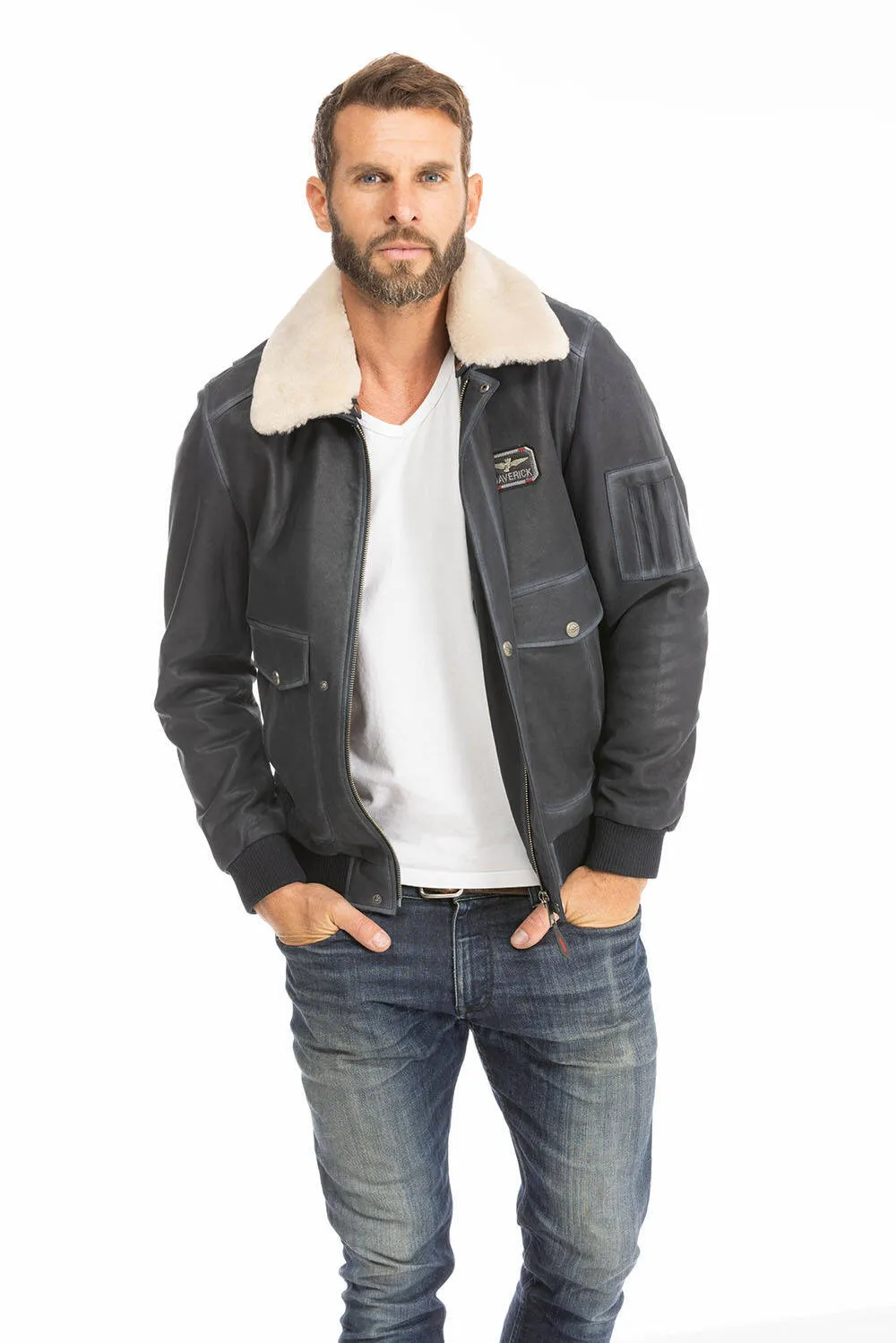 Men's blue leather jacket in classic pilot style ek72