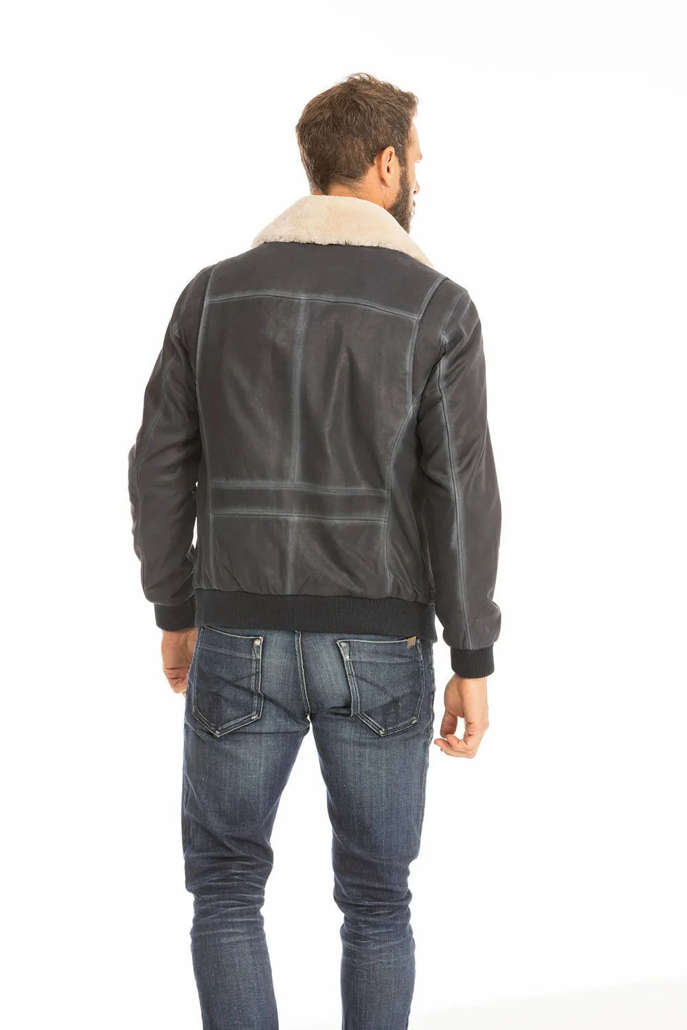 Men's blue leather jacket in classic pilot style ek72