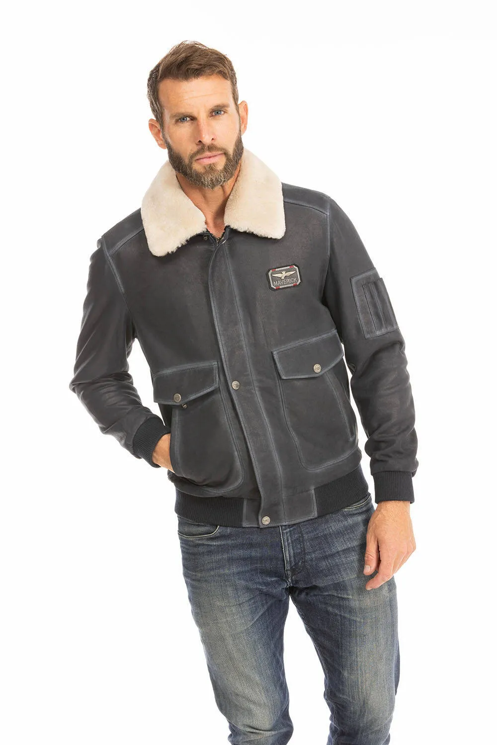 Men's blue leather jacket in classic pilot style ek72