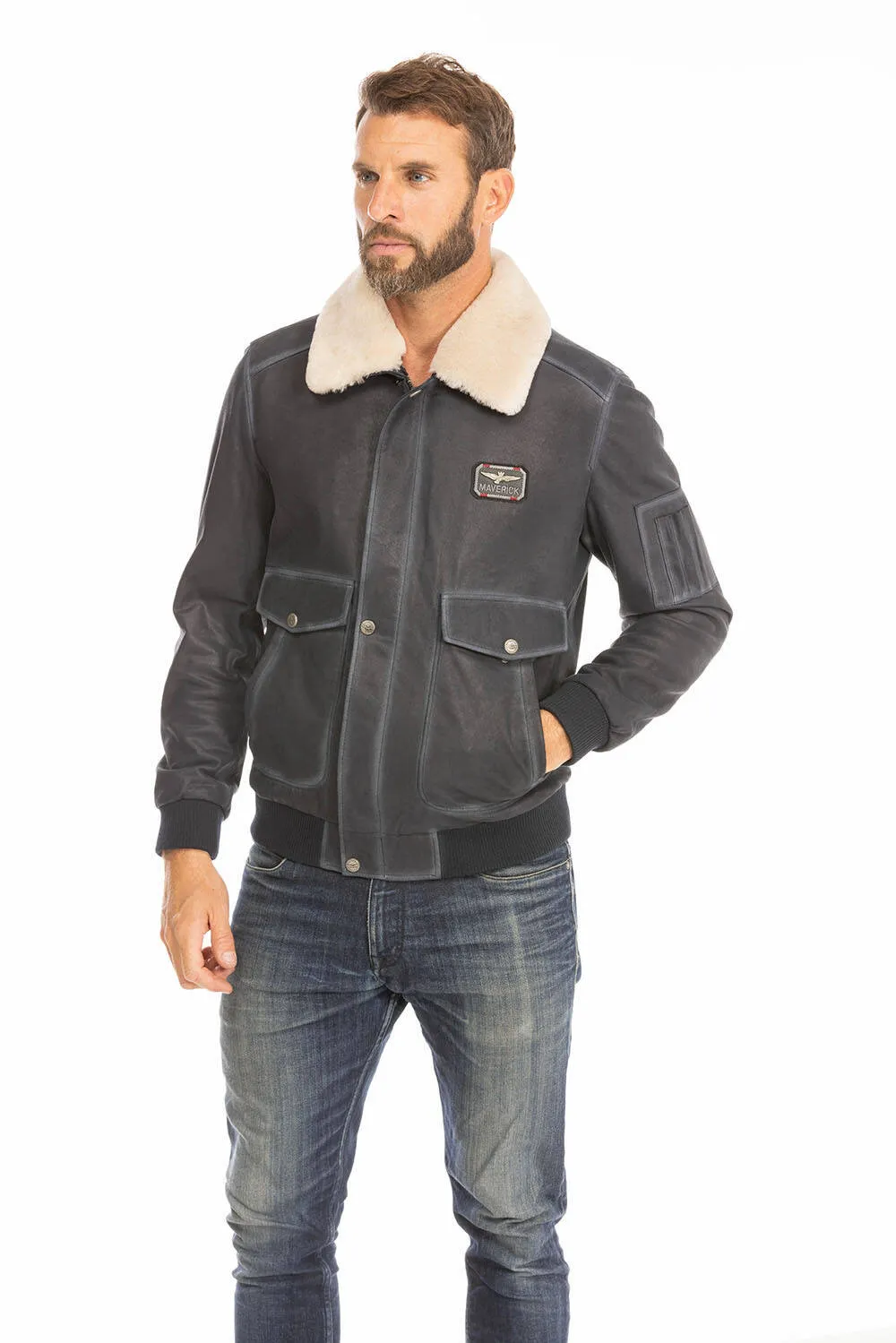 Men's blue leather jacket in classic pilot style ek72