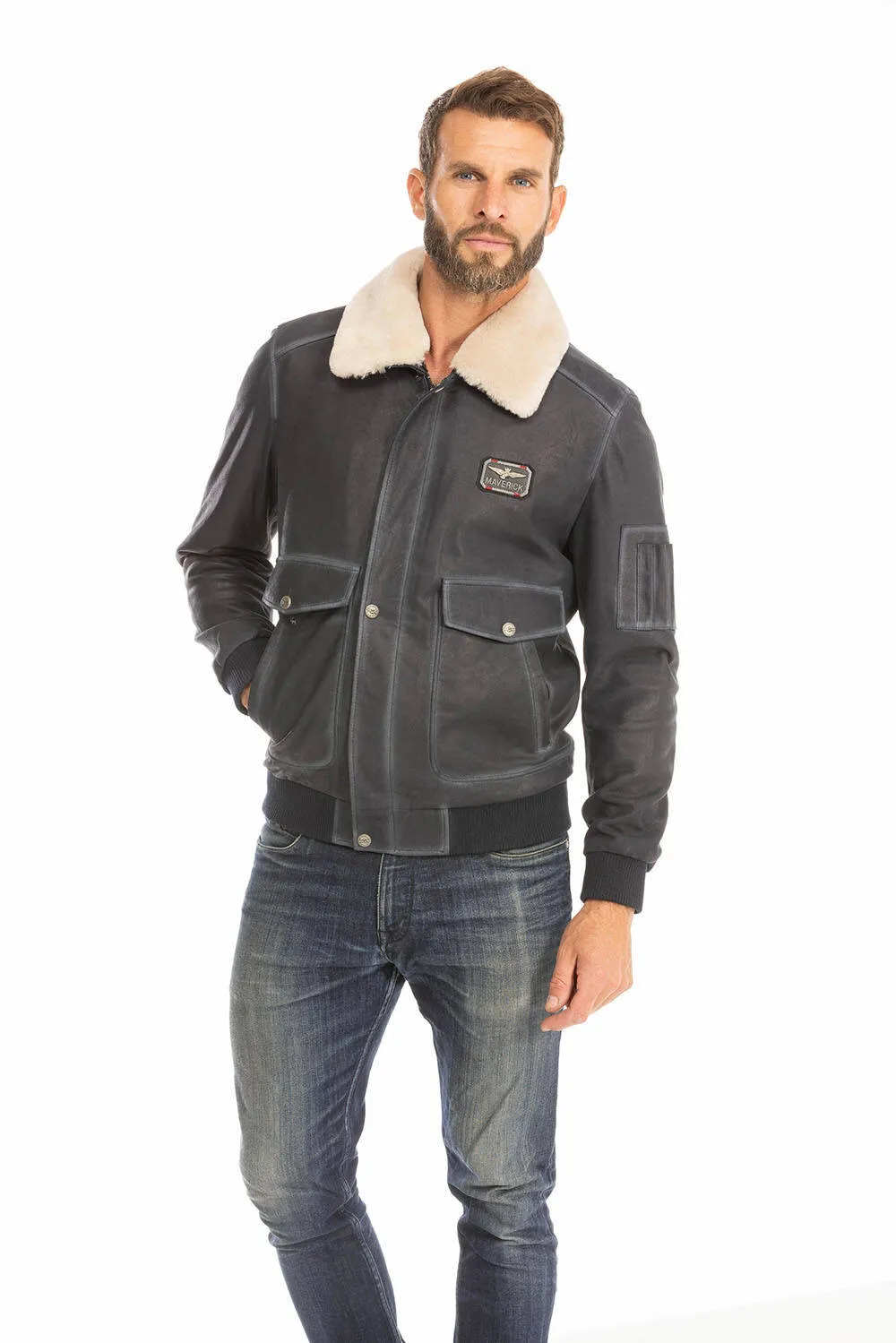 Men's blue leather jacket in classic pilot style ek72