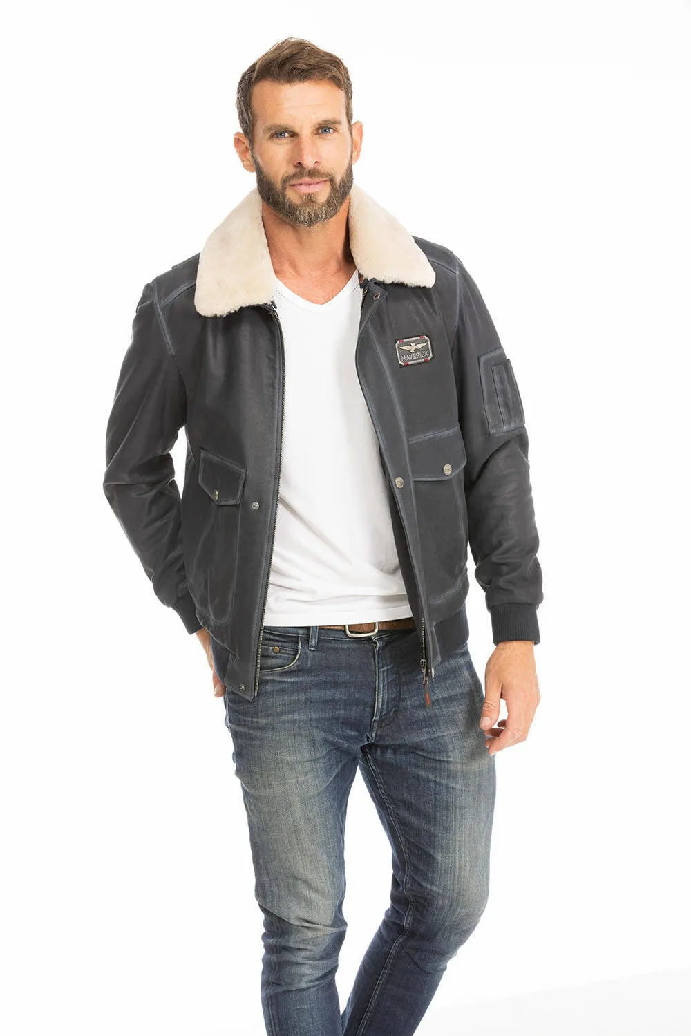 Men's blue leather jacket in classic pilot style ek72