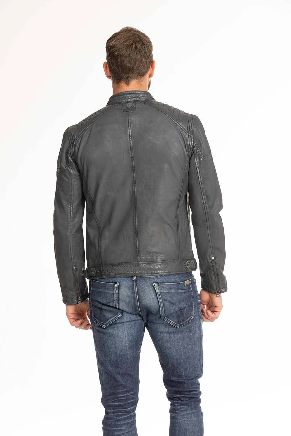 Men's blue leather jacket in gypsy motorcycle style 1201-0485