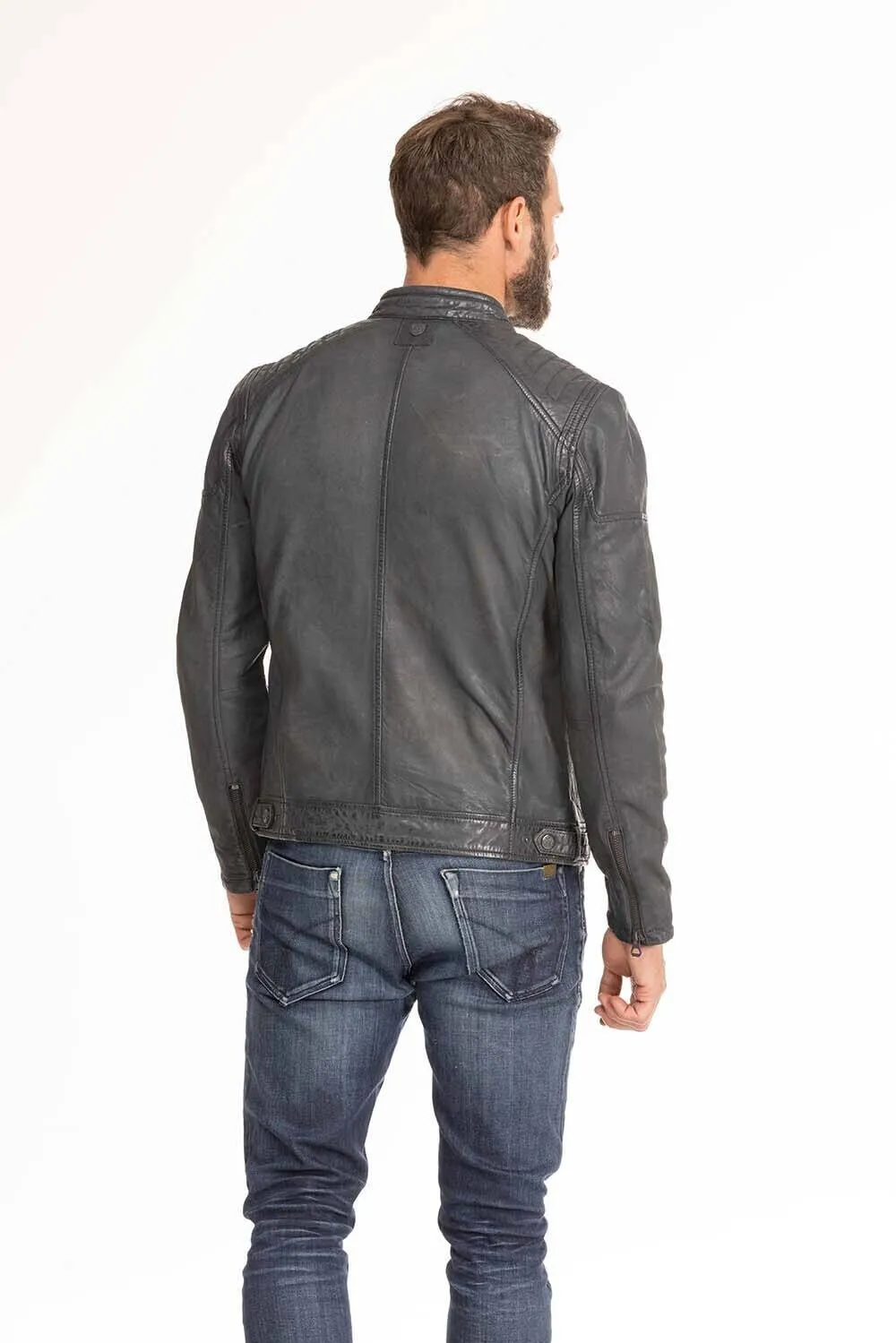 Men's blue leather jacket in gypsy motorcycle style 1201-0485