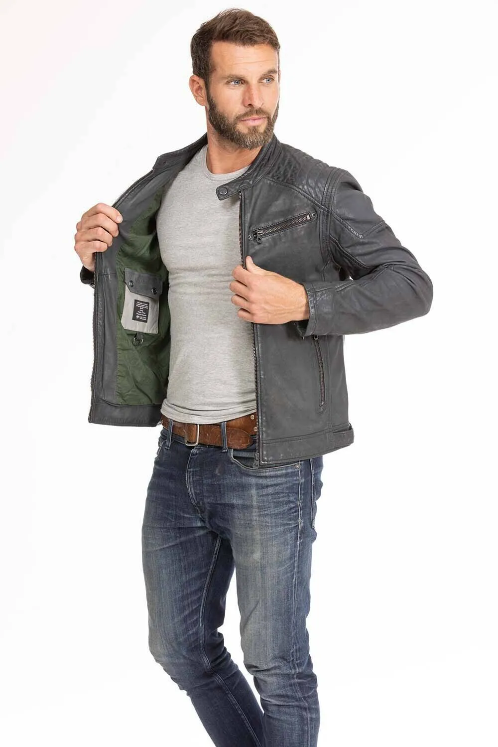 Men's blue leather jacket in gypsy motorcycle style 1201-0485