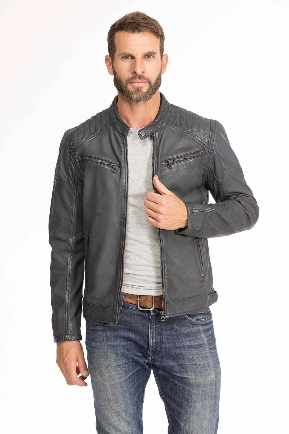 Men's blue leather jacket in gypsy motorcycle style 1201-0485