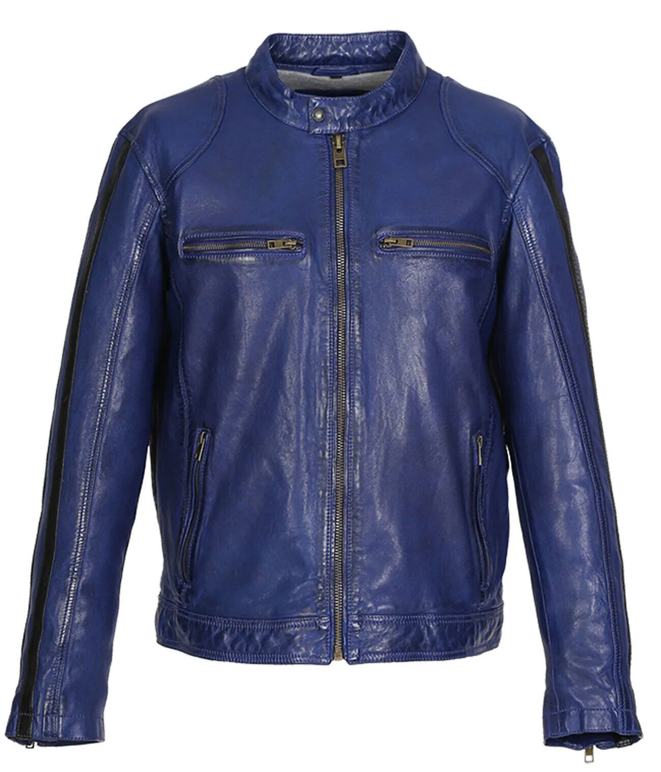 Men's blue oakwood biker style leather jacket 64442