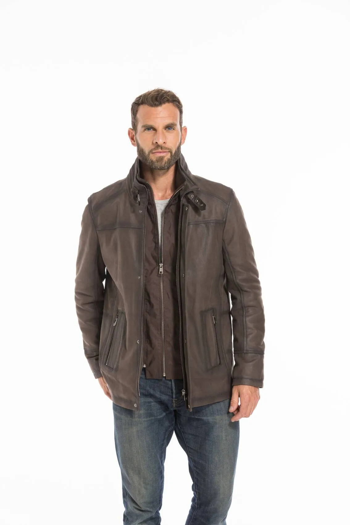 Men's brown nuplin edouardo 3/4 leather jacket