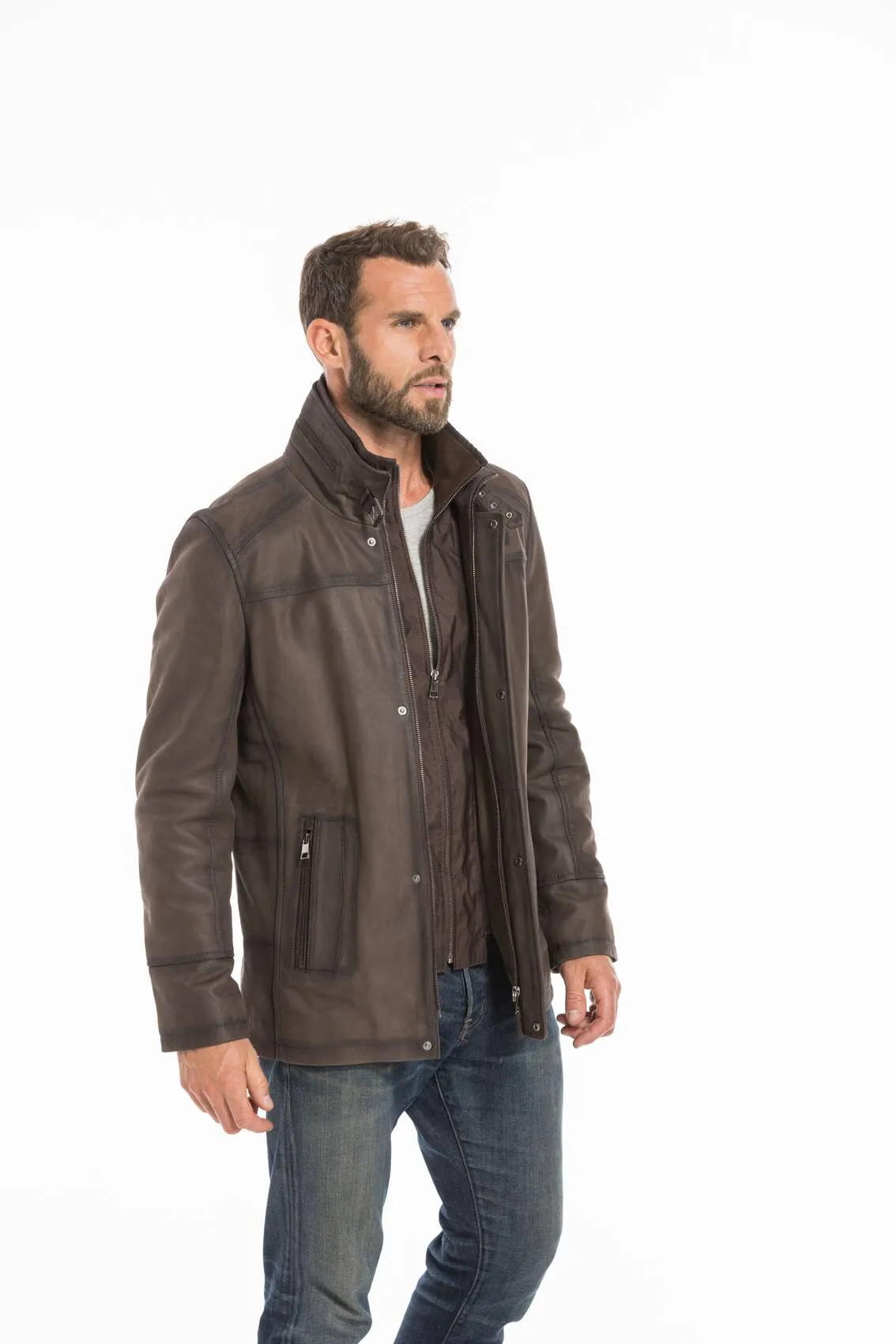 Men's brown nuplin edouardo 3/4 leather jacket