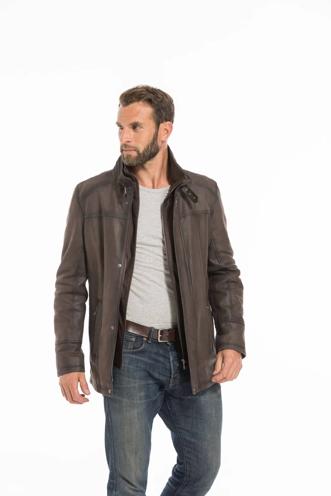 Men's brown nuplin edouardo 3/4 leather jacket