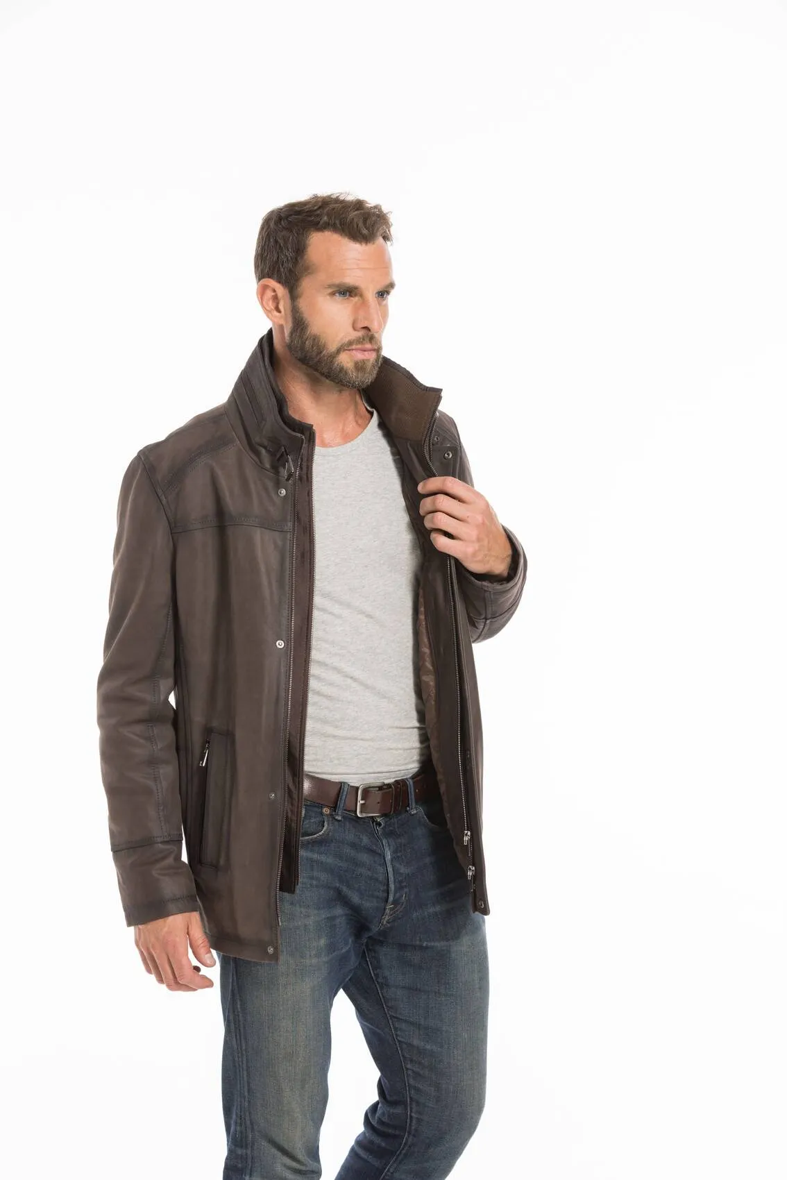 Men's brown nuplin edouardo 3/4 leather jacket