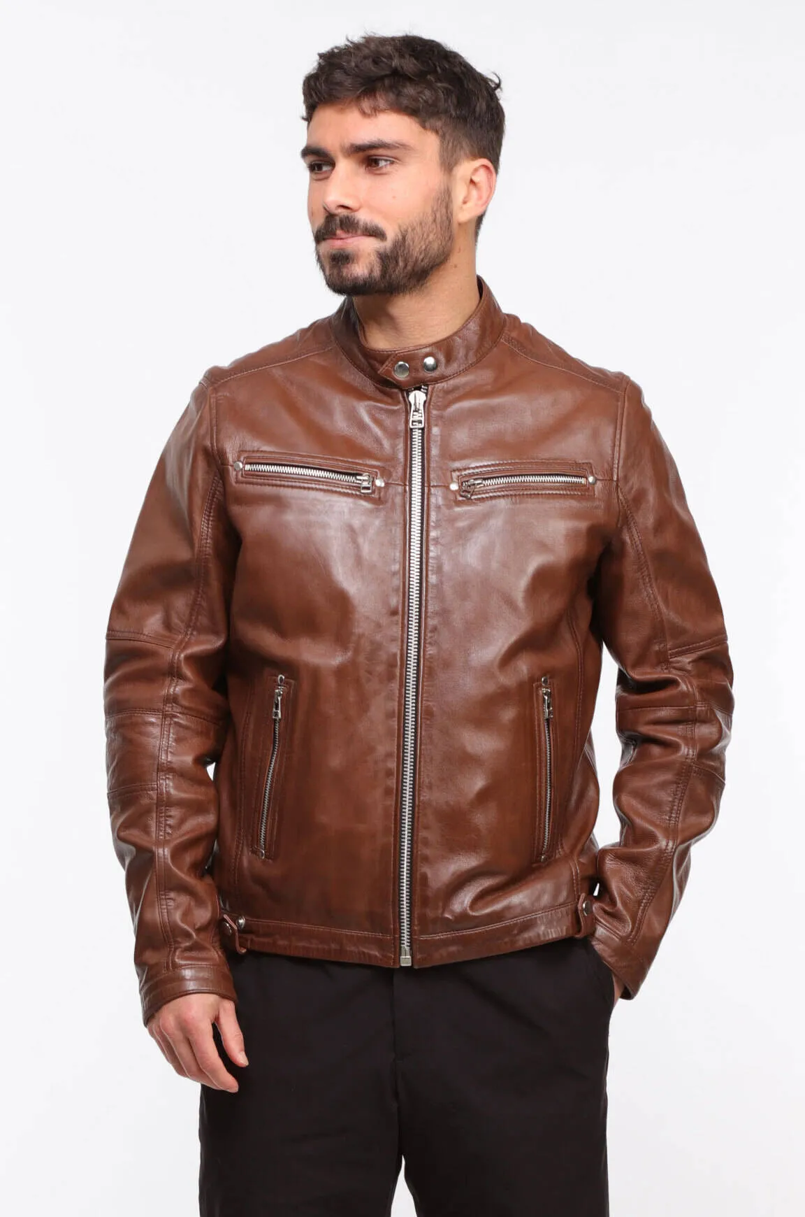 Men's brown vintage leather jacket \arlone\ motorcycle style