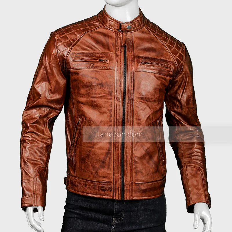 Mens Distressed Vintage Brown Cafe Racer Leather Jacket