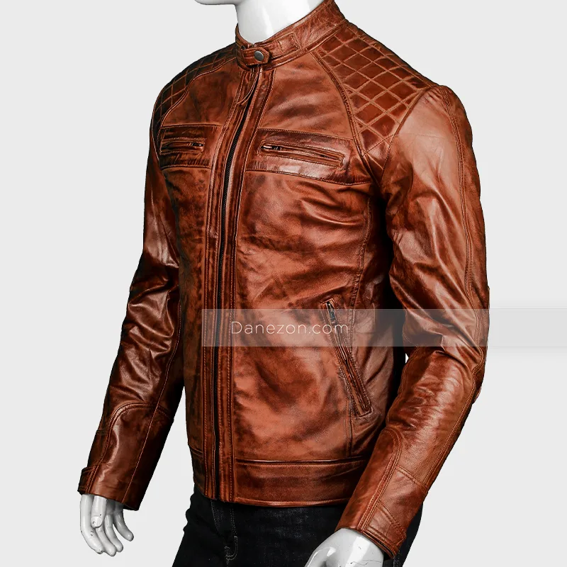 Mens Distressed Vintage Brown Cafe Racer Leather Jacket