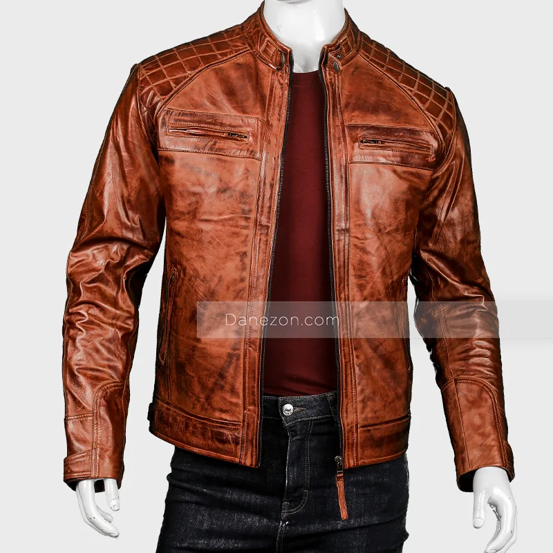 Mens Distressed Vintage Brown Cafe Racer Leather Jacket