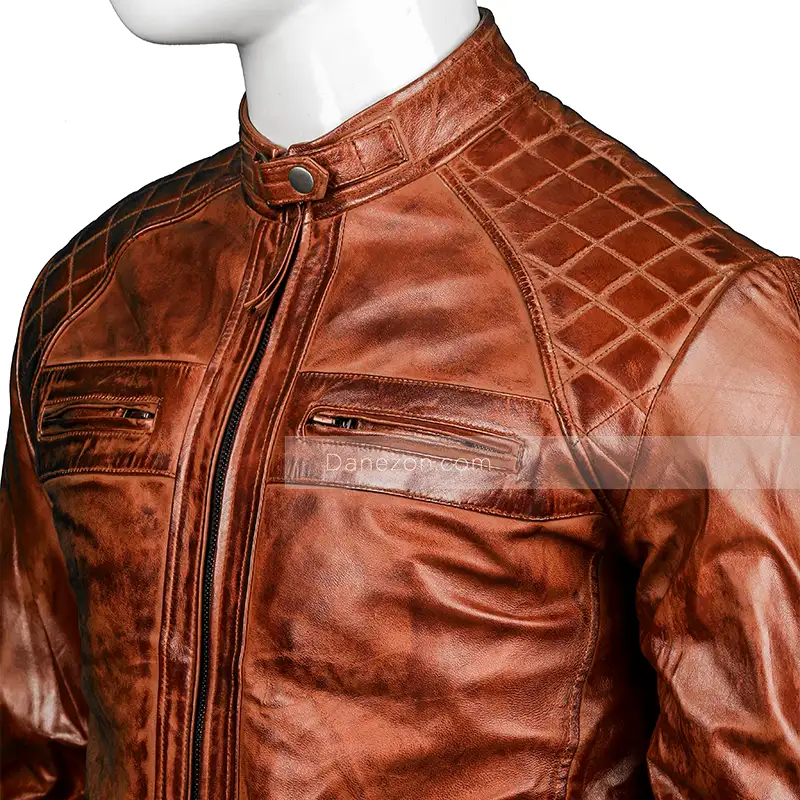 Mens Distressed Vintage Brown Cafe Racer Leather Jacket