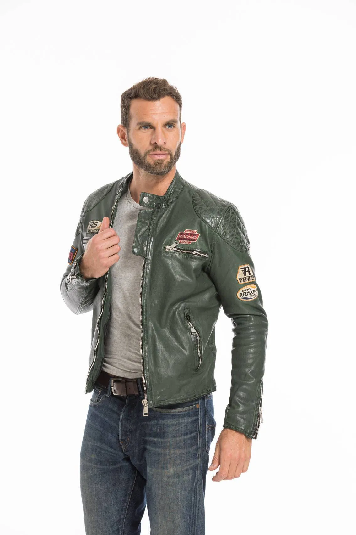 Men's green motorcycle style leather jacket nitro barcelona