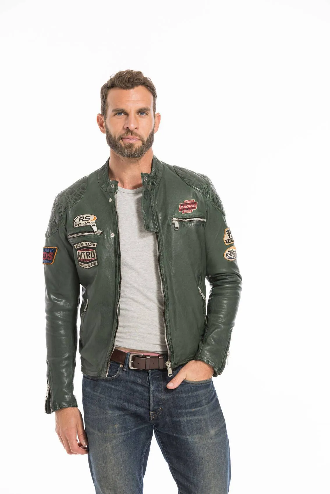 Men's green motorcycle style leather jacket nitro barcelona