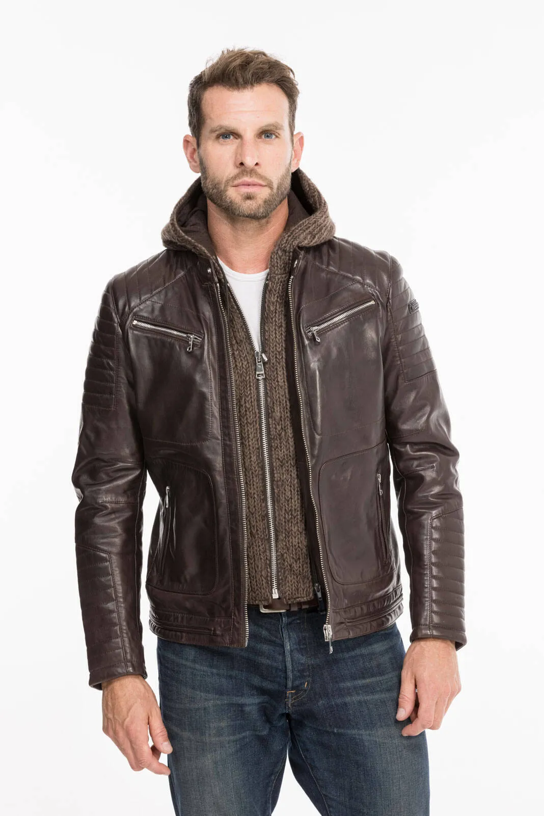 Men's hooded leather jacket togo redskins byron mojito