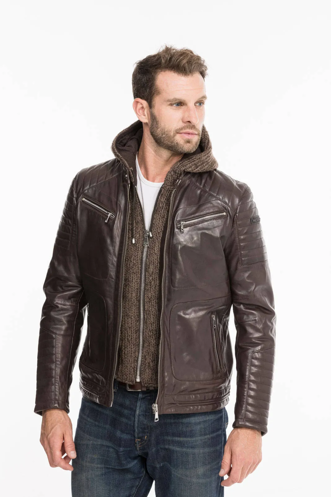 Men's hooded leather jacket togo redskins byron mojito