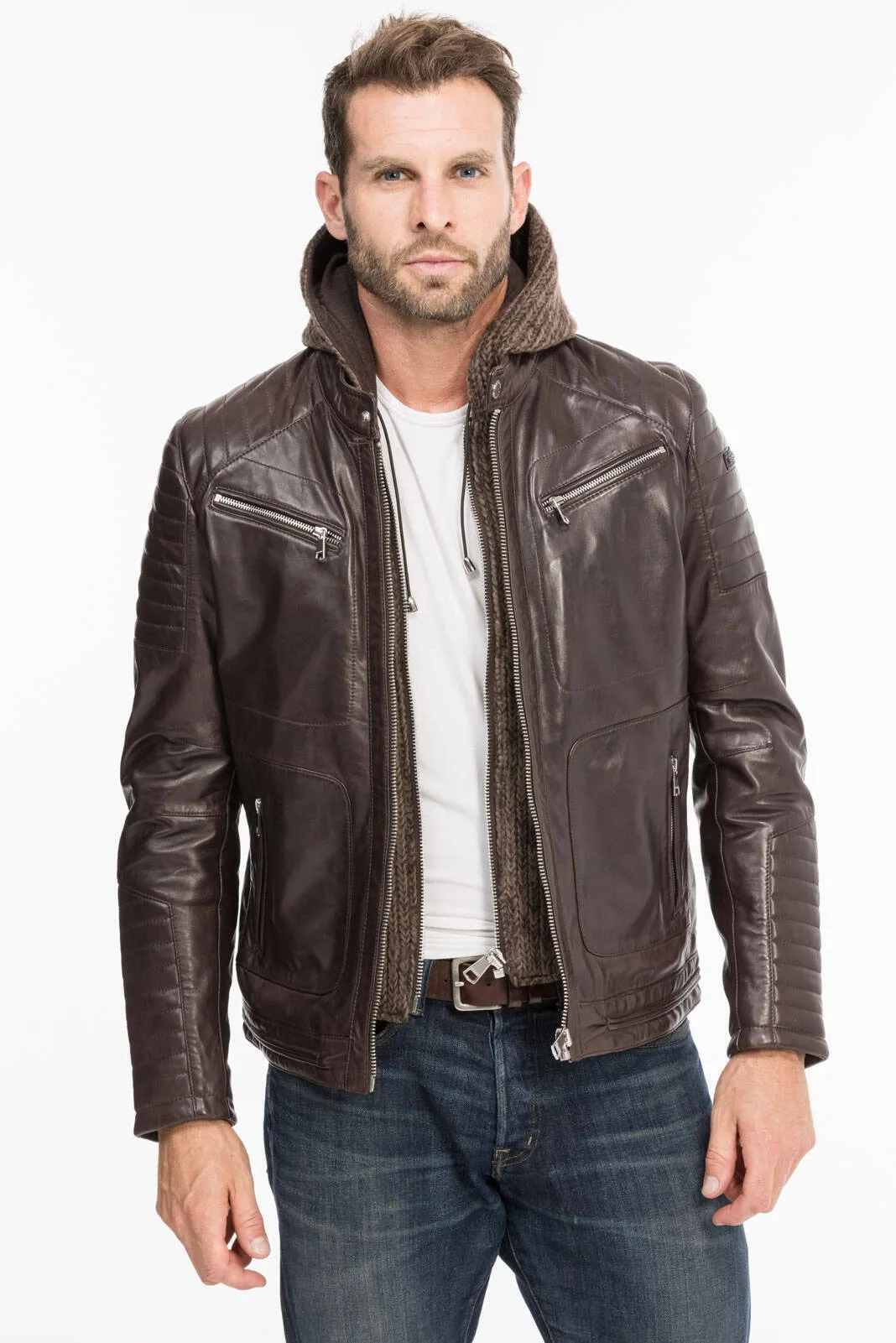 Men's hooded leather jacket togo redskins byron mojito