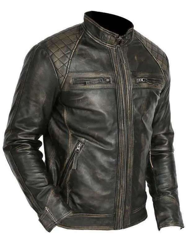 Mens Retro Style Racer Distressed Vintage Biker Leather Jacket