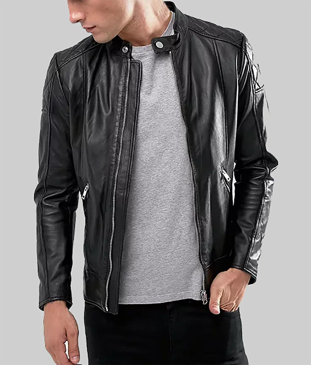 Mens Stylish Black Cafe Racer Black Leather Jacket | TLC