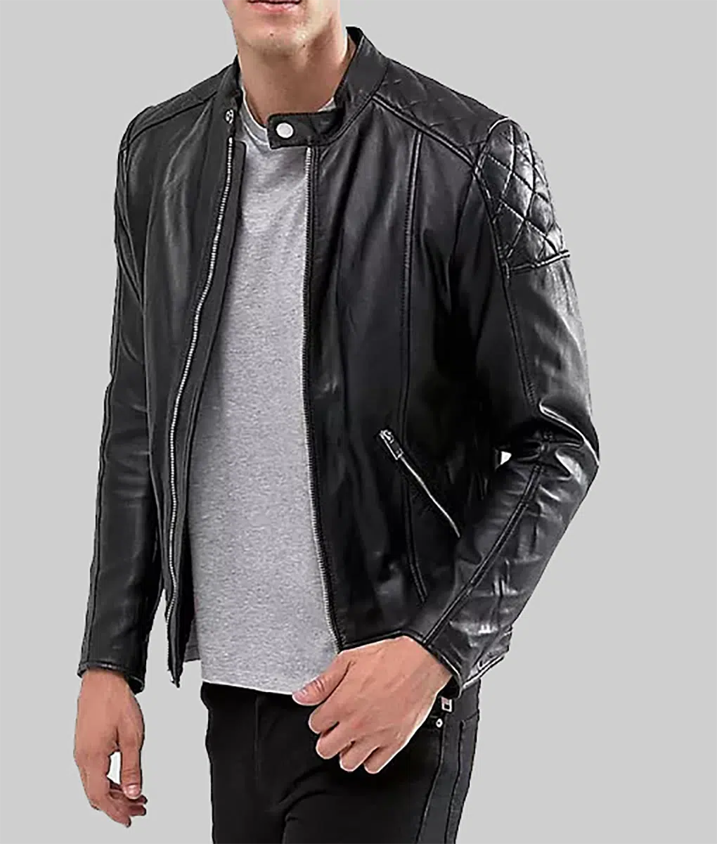 Mens Stylish Black Cafe Racer Black Leather Jacket | TLC