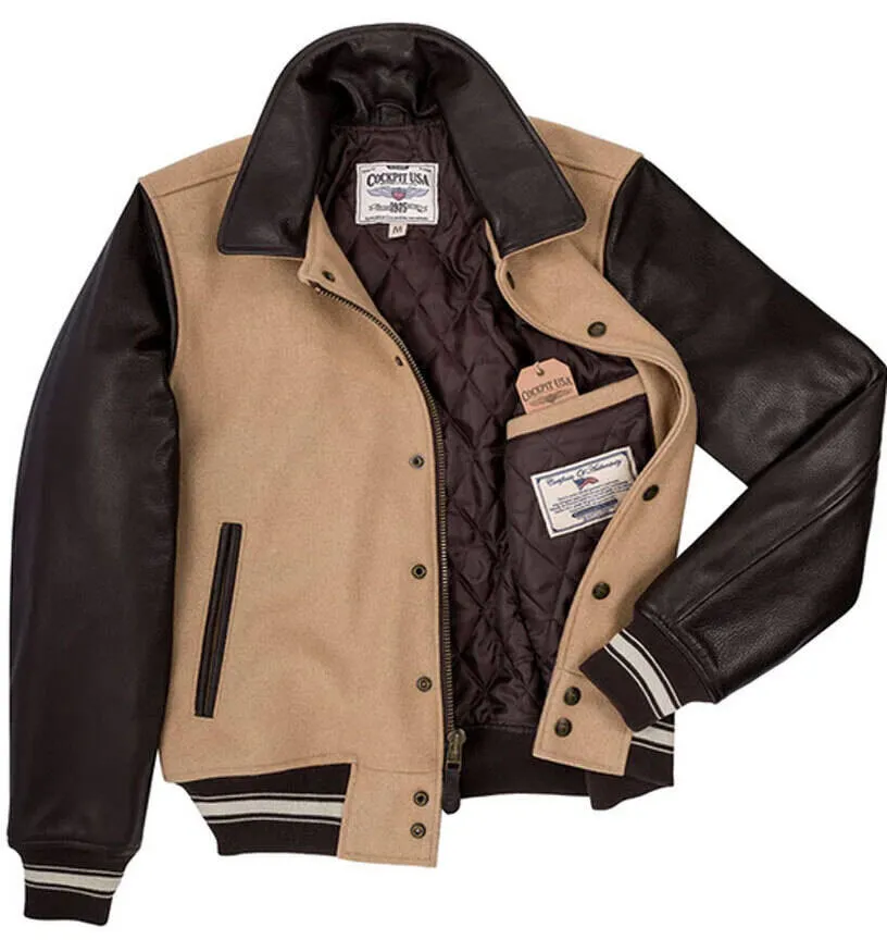 Men's tan and brown leather jacket cockpit'usa 28a107