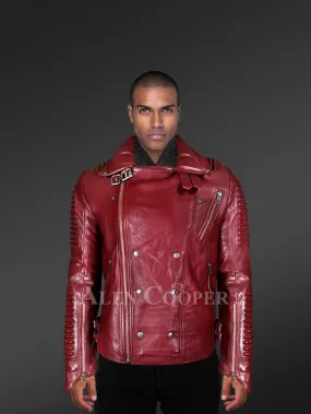 Men’s waist-length authentic leather biker jacket with double-breast