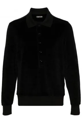 Modal Velour Long Sleeve Polo Black