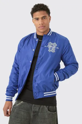 Official Badge Nylon Varsity Bomber Jacket In Blue