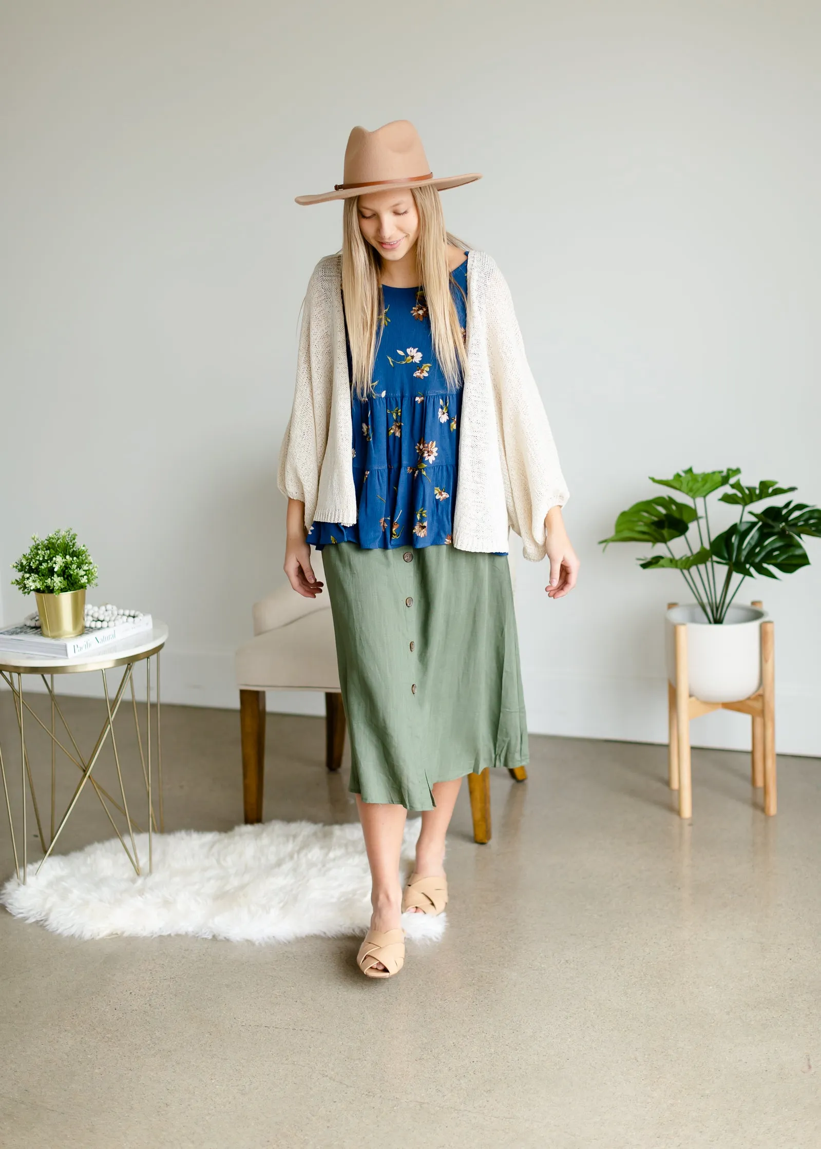 Olive Button Front Midi Skirt