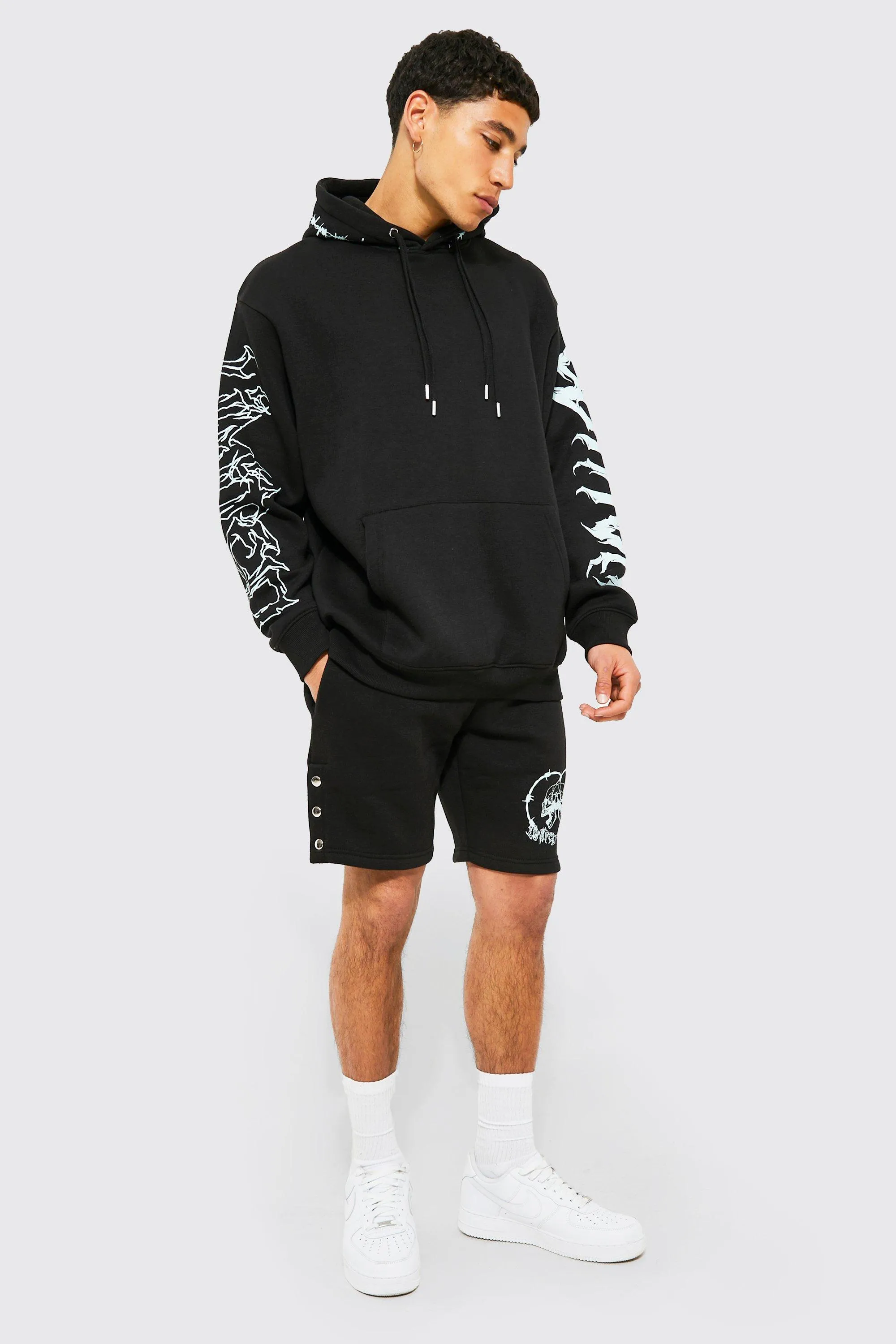 Oversized Barbed Wire Hoodie & Popper Short | boohooMAN UK