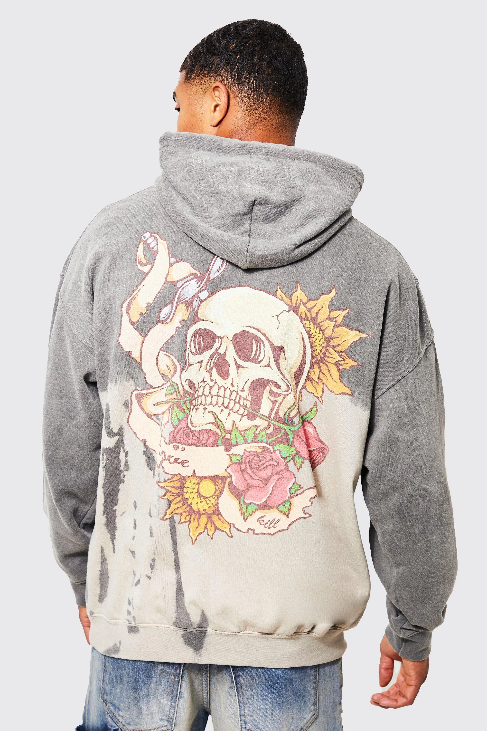 Oversized Bleach Tie Dye Skull Graphic Hoodie | boohooMAN UK