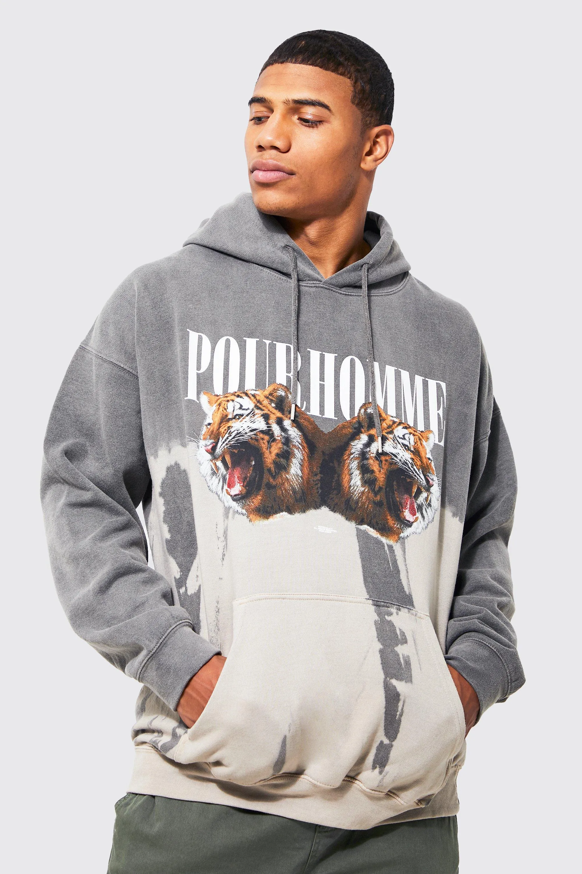 Oversized Bleach Tie Dye Tiger Graphic Hoodie | boohooMAN UK