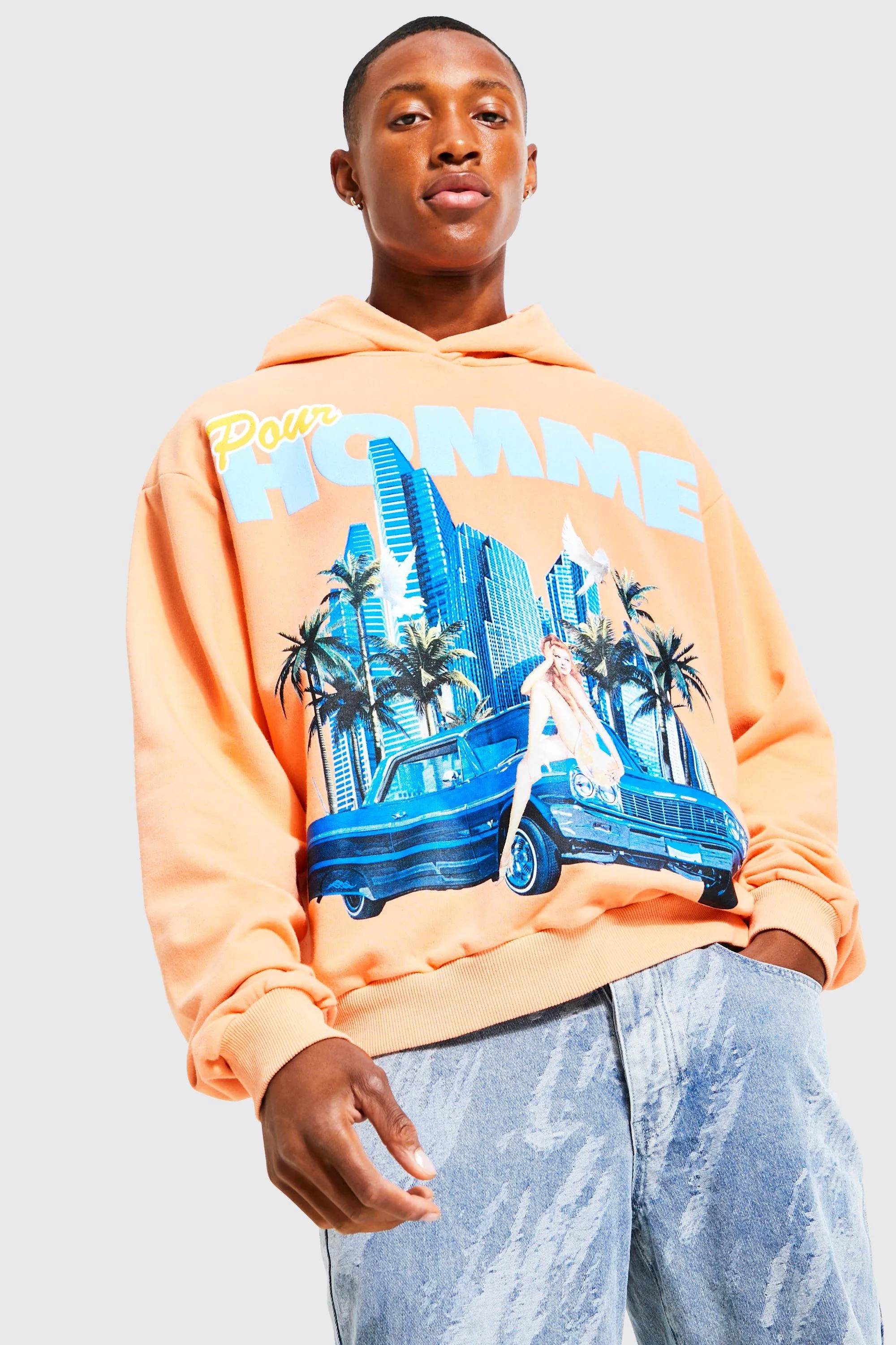 Oversized Boxy Acid Wash Car Graphic Hoodie | boohooMAN UK