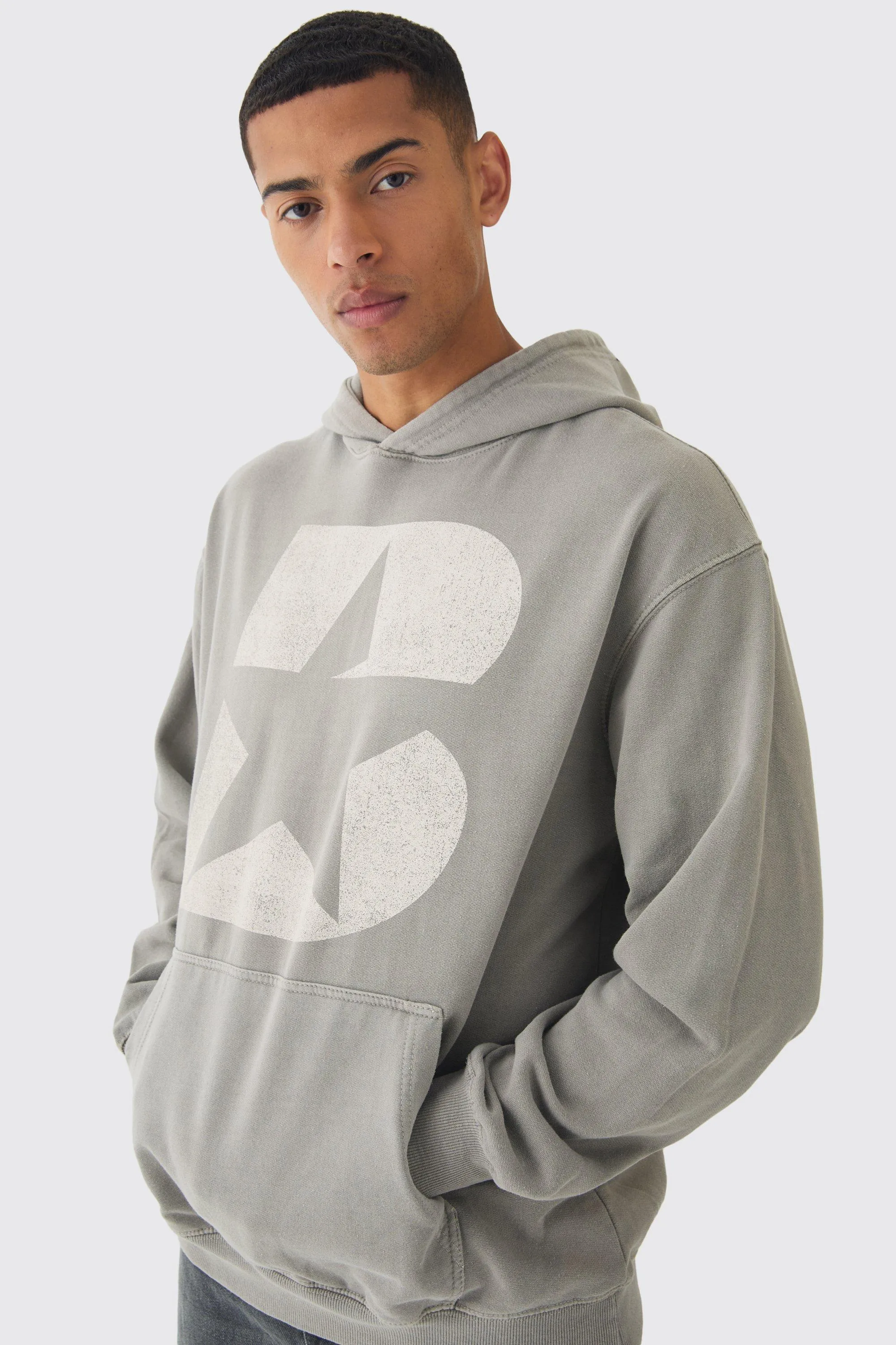 Oversized Boxy Washed B Star Print Hoodie | boohooMAN UK