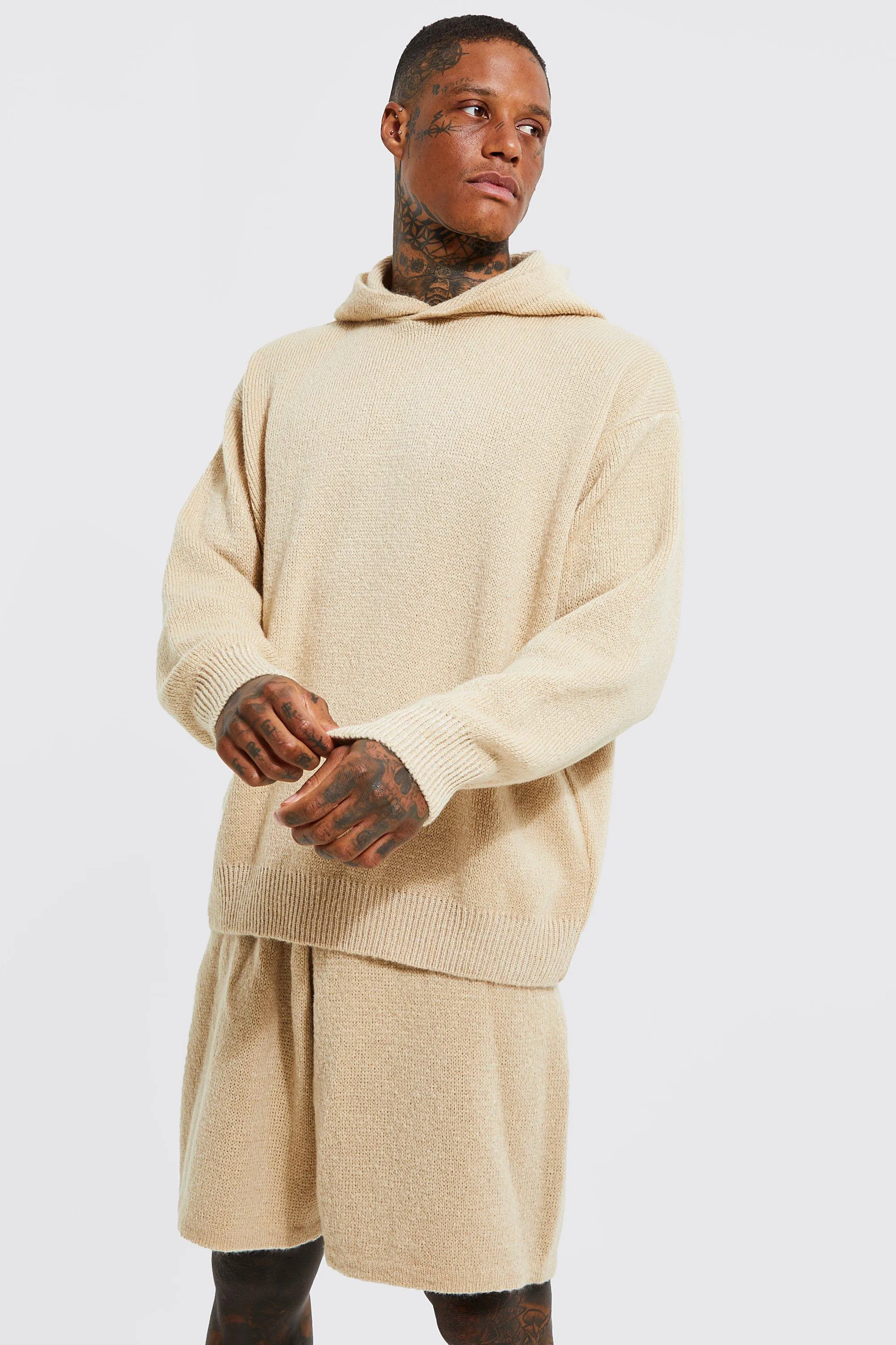 Oversized Brushed Knitted Hoodie & Shorts Set | boohooMAN UK