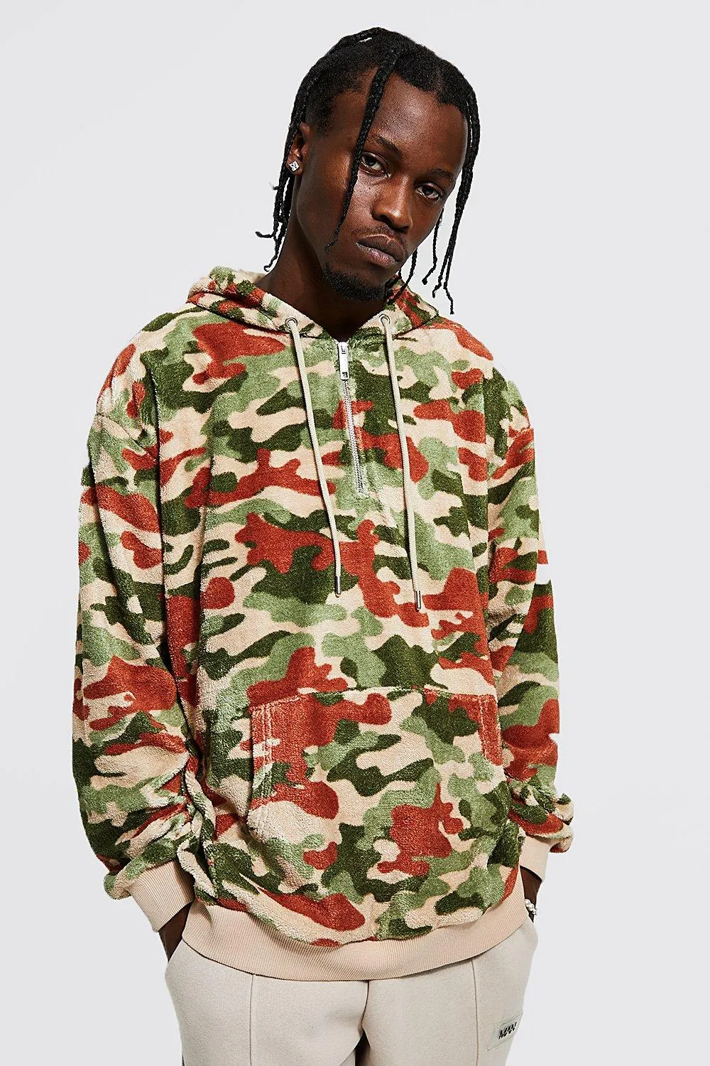 Oversized Camo Print Borg Zip Neck Hoodie | boohooMAN UK